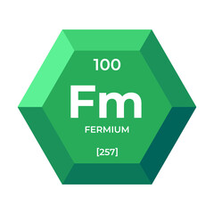 Fermium is chemical element number 100 of the Actinide group. Icon of chemical element of periodic table in 3d hexagon. Chemistry for children, elementary education.