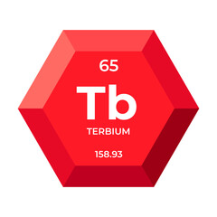 Terbium is chemical element number 65 of the Lanthanide group. Icon of chemical element of periodic table in 3d hexagon. Chemistry for children, elementary education.