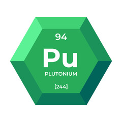 Plutonium is chemical element number 94 of the Actinide group. Icon of chemical element of periodic table in 3d hexagon. Chemistry for children, elementary education.