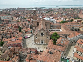 Fototapeta na wymiar Basilica Santa Maria Gloriosa dei Frari, front aerial view, Venice
