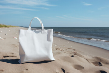 A white bag with handles stands on the beach on the sand