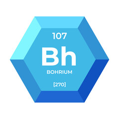 Bohrium is chemical element number 107 of the transition metal group. Icon of chemical element of periodic table in 3d hexagon. Chemistry for children, elementary education.