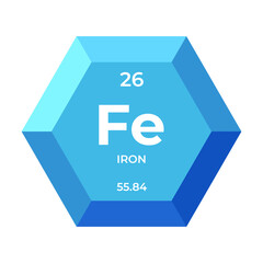 Iron is chemical element number 26 of the transition metal group. Icon of chemical element of periodic table in 3d hexagon. Chemistry for children, elementary education.