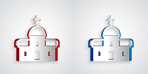 Paper cut Church building icon isolated on grey background. Christian Church. Religion of church. Paper art style. Vector