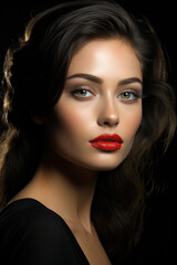 Fototapeta premium Elegant photograph of a beautiful supermodel showcasing a classic red-lip beauty look, with soft lighting to highlight the lips' contour and teture. Generative AI