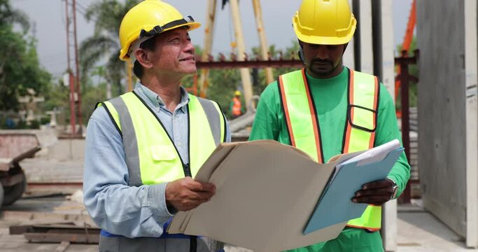 construction blueprint paper. Asian indian construction architect Engineering man and senior worker in safety hardhat working on blue print at Prefabricated concrete factory Heavy industrial