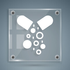 White Poisoned pill icon isolated on grey background. Pill with toxin. Dangerous drug. Square glass panels. Vector