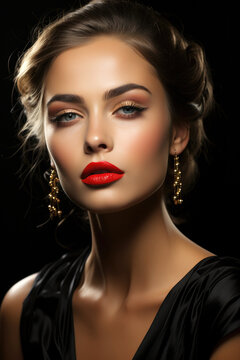 Elegant photograph of a beautiful supermodel showcasing a classic red-lip beauty look, with soft lighting to highlight the lips' contour and teture. Generative AI
