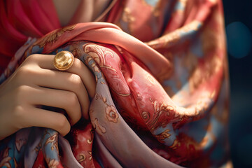 Close-up of a woman's hand holding a piece of intricate fabric. A glimpse into cultural attire.