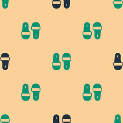 Green and black Sauna slippers icon isolated seamless pattern on beige background. Vector