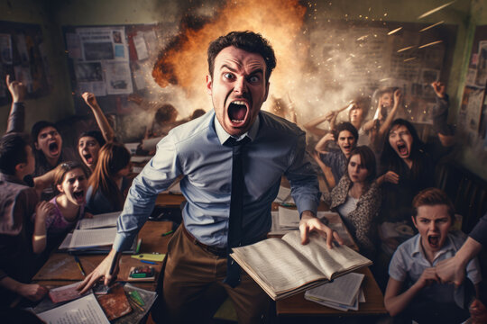 The teacher is furious at the lesson against the background of noisy children and fire