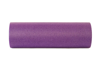 A purple foam massage roller isolated on a white background. Foam rolling is a self myofascial...