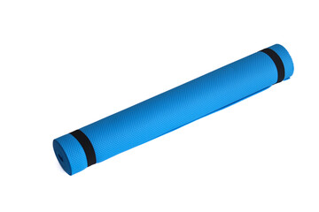 A blue yoga mat isolated on a white background. Сoncept of fitness equipment.