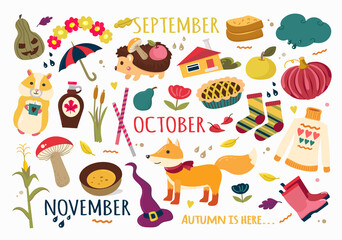 Large vector autumn fall set. Autumn elements, icons, cliparts. Leaves, rain cloud, sweater, rain boots, pumpkins, fox, hedgehog, reeds, hamster, house,fruits,flowers, mushrooms, food