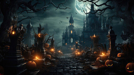 halloween scene horror background with creepy pumpkins of spooky Halloween haunted mansion Evil houseat night with full moon, Generative AI.