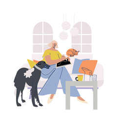 Woman drawing on the tablet sitting on couch at home vector illustration.