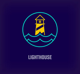 Creative night lighthouse and sea round logo. Unique color transitions. Creative vacation, travel and island tour logo template. vector