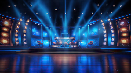 Empty Game Show Talk Show Set With Stage Lights, Chairs, and a Table. Concept of Television Production, Studio Ambiance, Entertainment Setup, Stage Lighting, Talk Show Atmosphere, Showbiz Setting.