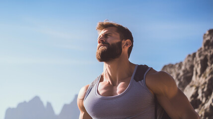 A Vigorous and Fit Man Gazing into the Vast Mountains cape