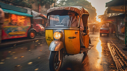 Indian Driver Driving Tuktuk Fast in the Streets of India. Concept of Urban Transportation, Bustling Streets, Tuktuk Commute, Fast-Paced Ride, Indian Cityscape, Local Transportation, Street Traffic.