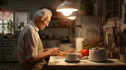 Fototapeta na wymiar Grandpa Old Man Making Meal in a Cozy Kitchen. 