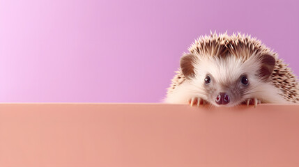 Creative animal concept. left hedgehog peeking over pastel bright background