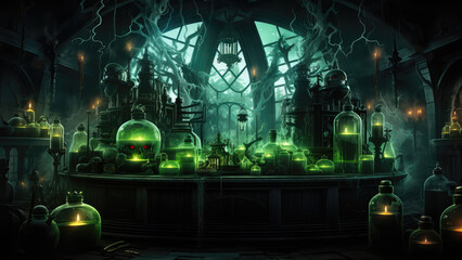 An image of a witch's lab with green poison. Halloween background. Generative AI.