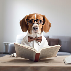 ai generated dog businessman wearing a bowtie and glasses reading a book