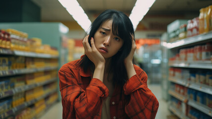 スーパーで困っているアジア人女性