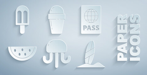 Set Jellyfish, Passport, Watermelon, Surfboard, Ice cream in waffle cone and icon. Vector