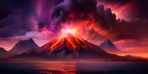 Fantasy volcano neon colors magic lights , Volcano with lava spewing out of it , Night fantasy landscape with abstract mountains and island on the water explosive volcano with burning lava Neural