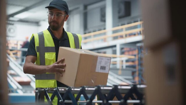 Multiethnic Male Loader Putting Boxes On Automated Conveyor Belt In Distribution Warehouse. Man In Reflective Work Jacket Loading Packages With Online Orders For Delivery To Customers. Slow Motion.