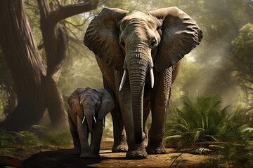 Fototapeta na wymiar Elephant mum and baby elephant walk in the African forest.