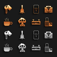 Set Five stars rating review, Wireless laptop, Suitcase, Signboard with text Hotel, Coffee cup, Mobile wi-fi wireless, door lock key and service bell icon. Vector