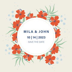 Fototapeta premium Wedding Invitation template with red flowers. Tropical plants background, invite, thank you card, rsvp modern card design. Hand drawn vector illustration.