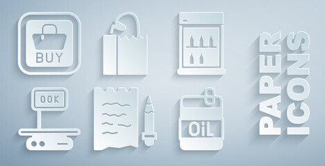 Set Shopping list and pencil, Commercial refrigerator, Electronic scales, Bottle of olive oil, Paper bag with bread loaf and Buy button icon. Vector