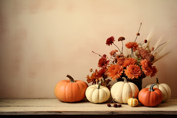 Autumn still life in honor of Thanksgiving, lunch and dinner in the family. With Generative AI technology