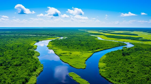 Aerial View of Alligator Alley in Florida's Everglades: Exploring the Beauty of Nature from Up High. Generative AI © AIGen