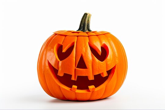 Halloween Phrases on a Pumpkin: Spooky Sayings on a Happy Jack O' Lantern Smile. White Background with Orange Glow. Generative AI
