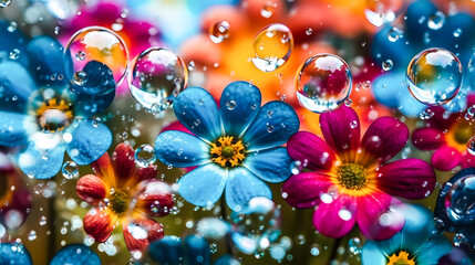 Bright colored flowers with soap bubbles. Natural background. Generative AI technology.
