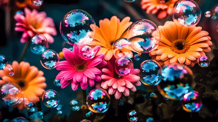 Bright colored flowers with soap bubbles. Natural background. Generative AI technology.