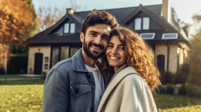 Smiling couple in their 30s standing in the driveway of a large house with solar panels installed