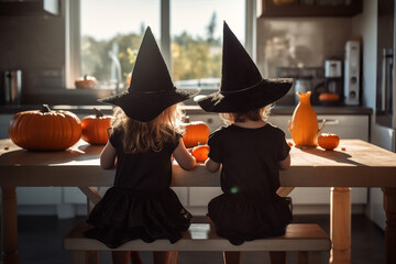 two little girls in witches costume carving pumpkins in the kitchen for Halloween, candid - obrazy, fototapety, plakaty