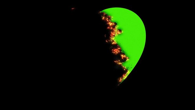 visual effect burning in a flame loving heart broken from love on a green chrome key background. Video 4k, motion design