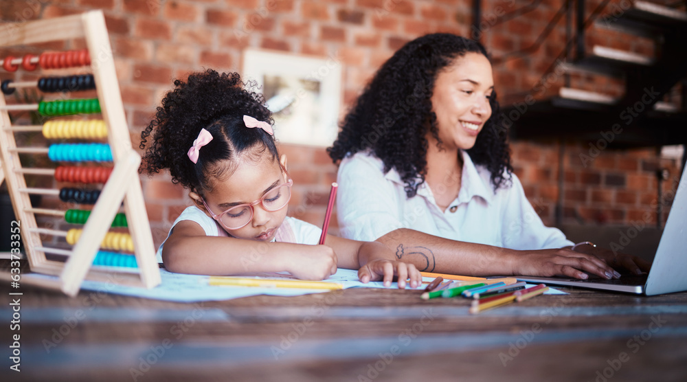 Poster Homework, writing and child in home with mom, learning and ideas for project. Young girl, problem solving and mother working at a house with student education and drawing notes at table for school