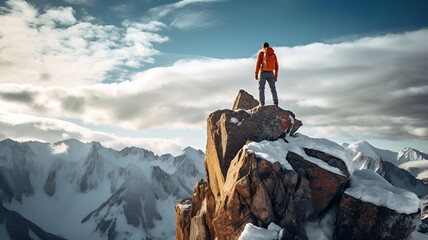 a mountaineer on a snowy stone peak stands confidently and admires the view, generated by AI