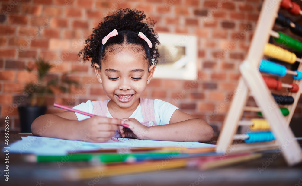 Poster Homework, writing and child at home with smile, learning and happy for project. Young girl, problem solving and knowledge development at a house with student education and notes at table for school