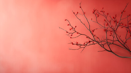 soft red background with a dry branch and red berries on it, generated by AI