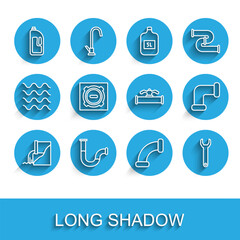 Fototapeta premium Set line Wastewater, Industry metallic pipe, Container with drain cleaner, Wrench spanner, Manhole sewer cover, and and valve icon. Vector