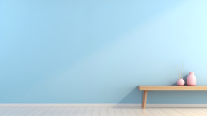 soft blue wall with white floor and two small pink pots on a wooden bench, created by AI